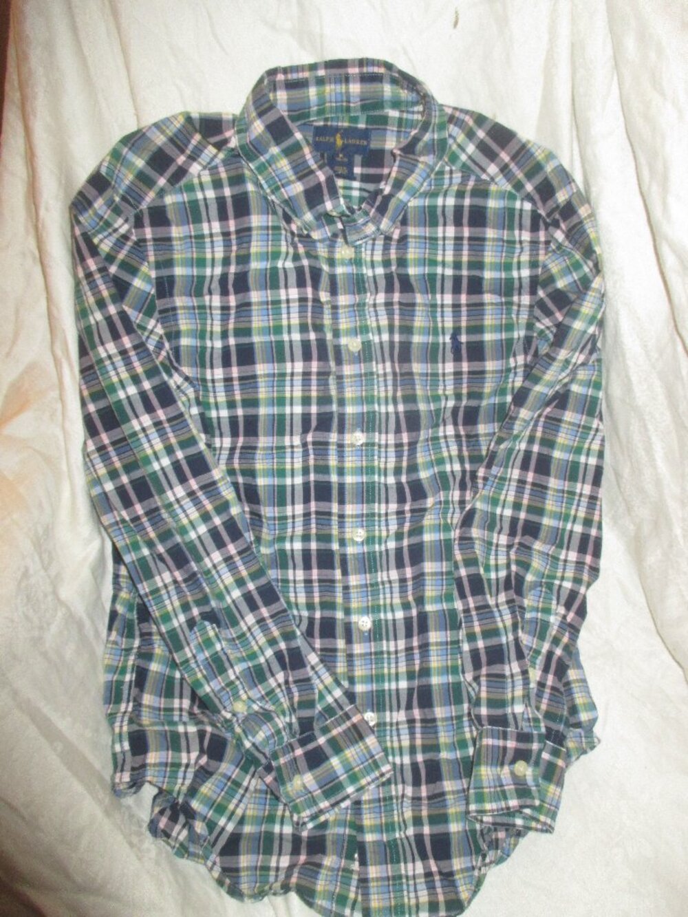 Ralph Lauren Boys 10-12 Cotton Blue/Green Plaid Button-Down Long Sleeve Shirt